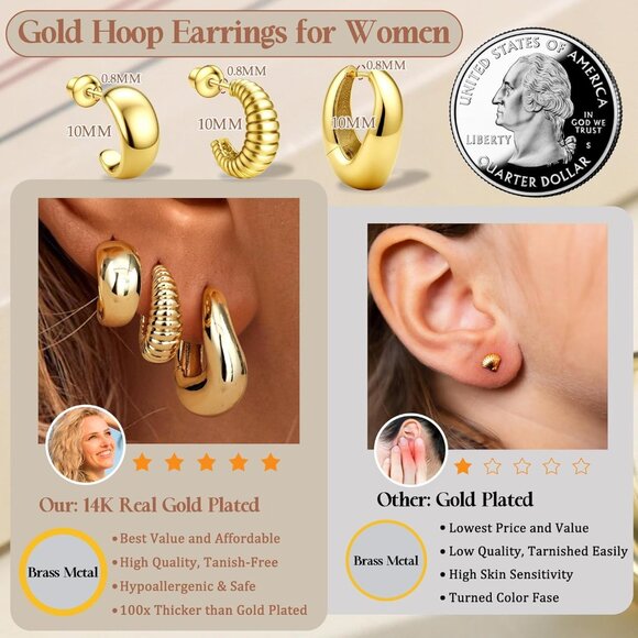 🆕 Women Gold Trendy Small Hoop Earrings Twisted Huggie Thick Open Chunky Stacks - Picture 6 of 7
